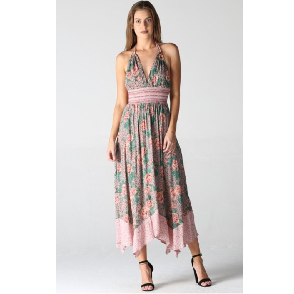 Angie Pink Floral Hanky Hem Halter Dress F4C85-A678-A679